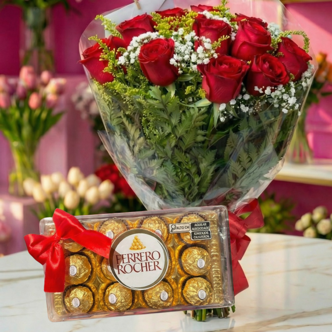 Kit Amor Infinito - Buquê 12 Rosas + Ferrero Rocher 12 Unidades