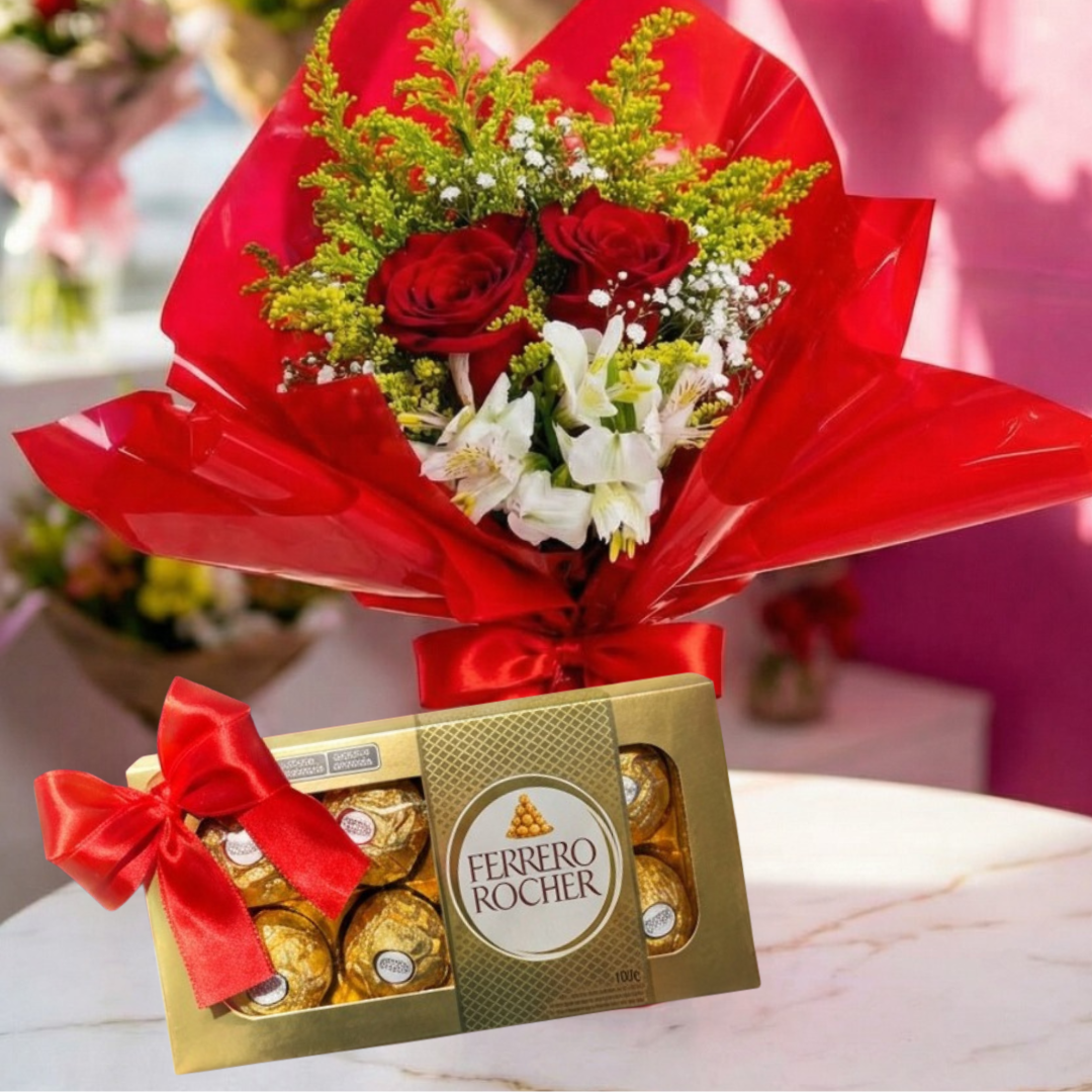 Kit Romantic - Arranjo 2 Rosas + Ferrero Rocher 08 Unidades