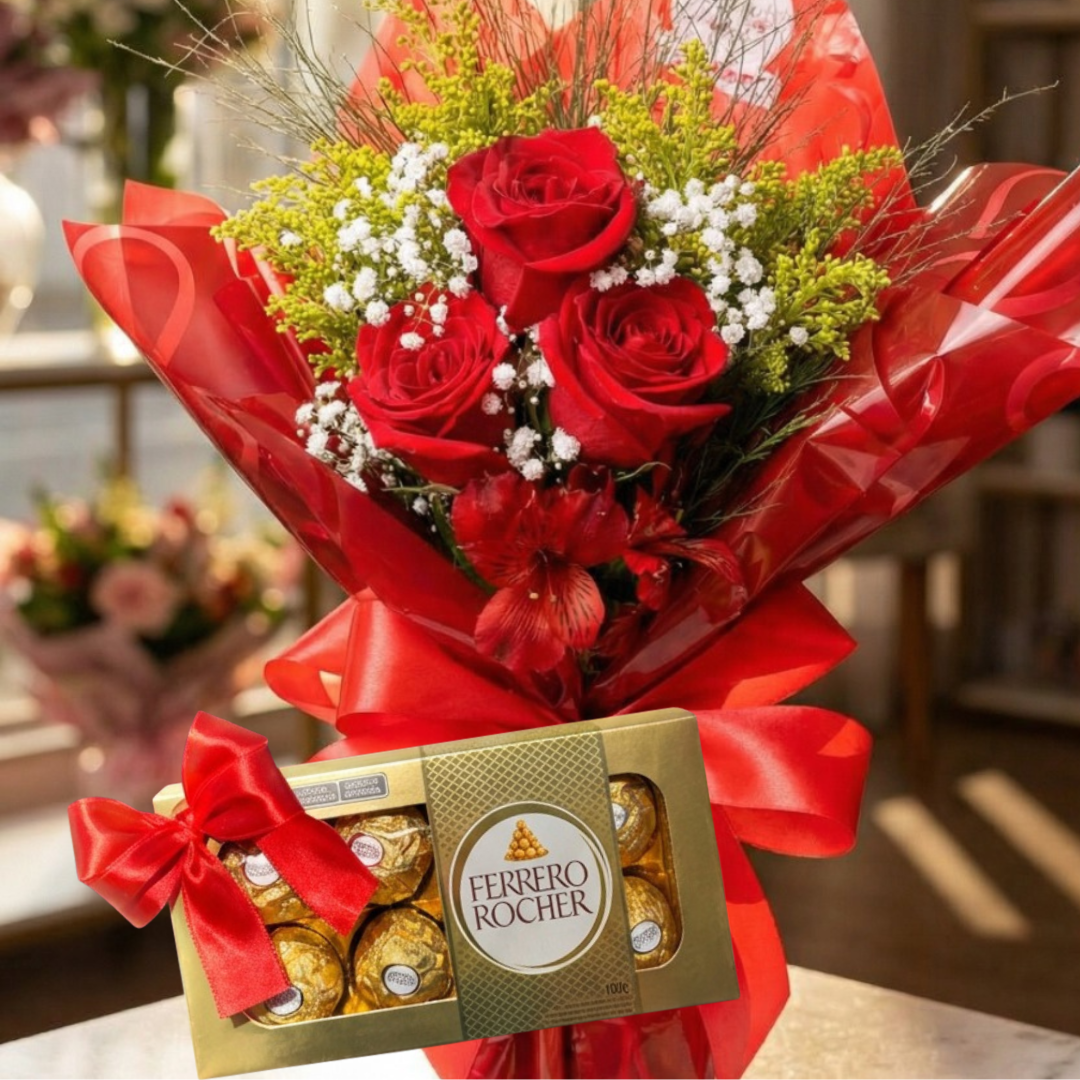 Kit Declaração de Amor - Buquê 3 Rosas + Ferrero Rocher 08 Unidades