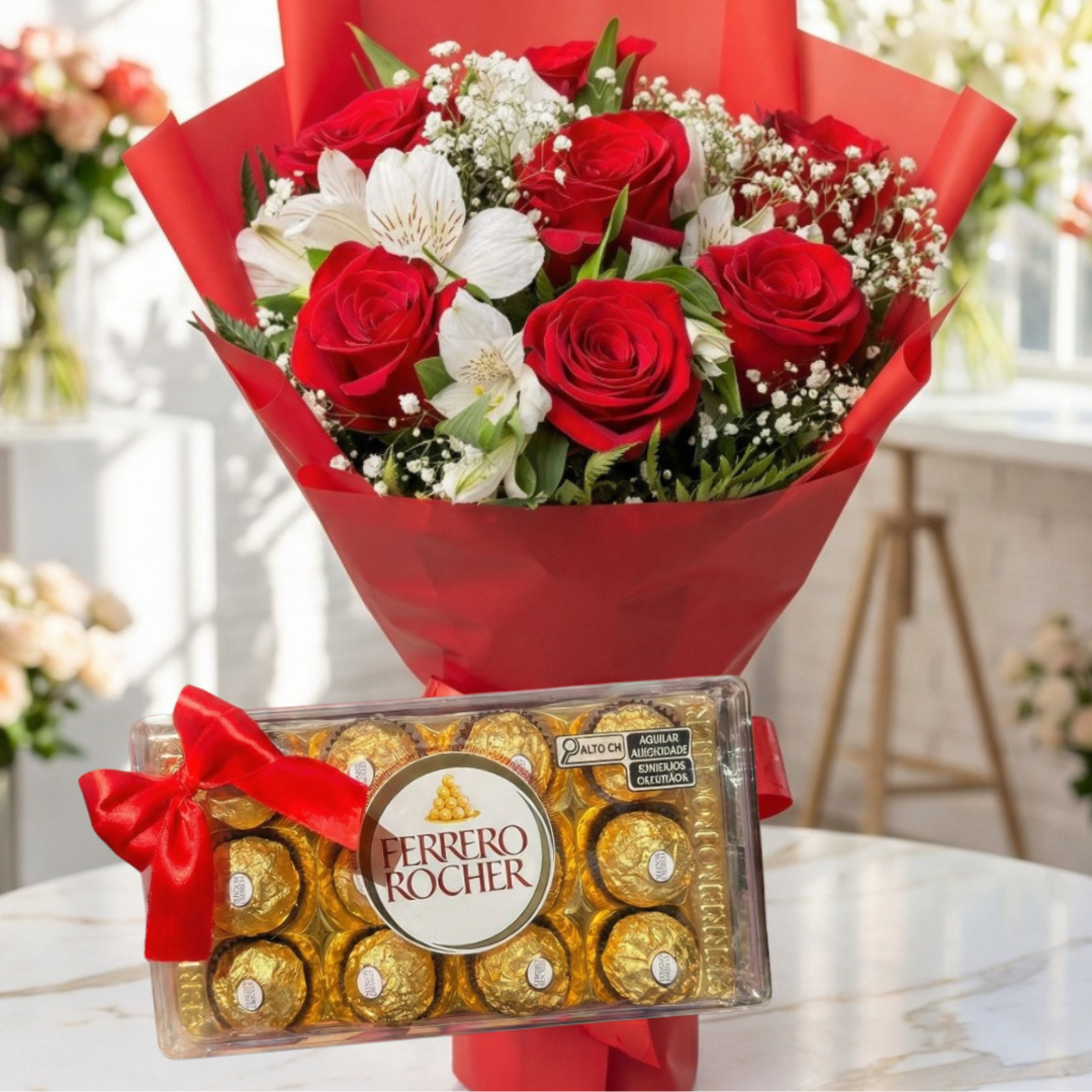 Kit Paixão - Buquê 7 Rosas + Ferrero Rocher 12 Unidades